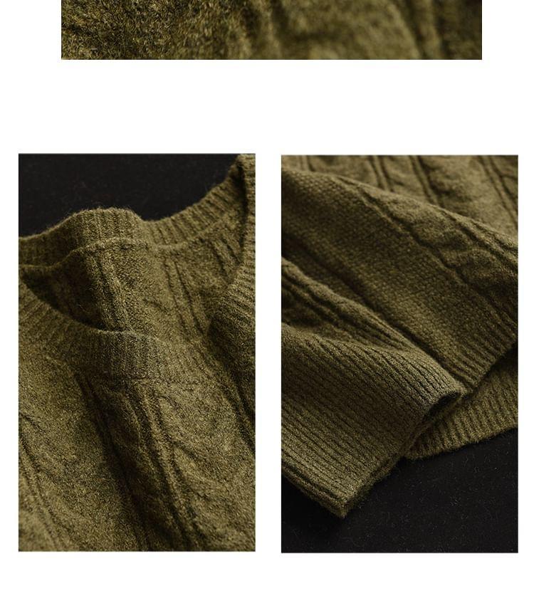 Crew Neck Plain Cable-Knit Sweater Product Image