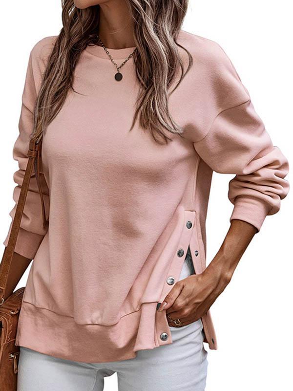 Long Sleeves Loose Buttoned Solid Color Split-Side Round-Neck Sweatshirt Tops Product Image