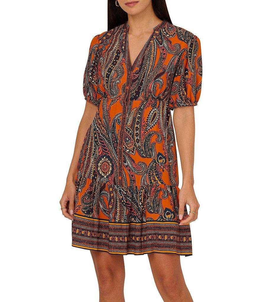 Adrianna by Adrianna Papell Paisley Print Split V-Neck Short Puff Sleeve Ruffle Trim Button Front Mini Dress Product Image