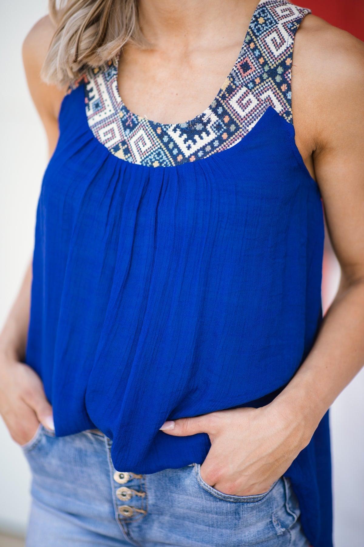 Royal Blue Aztec Trim Lace Up Back Tank Product Image