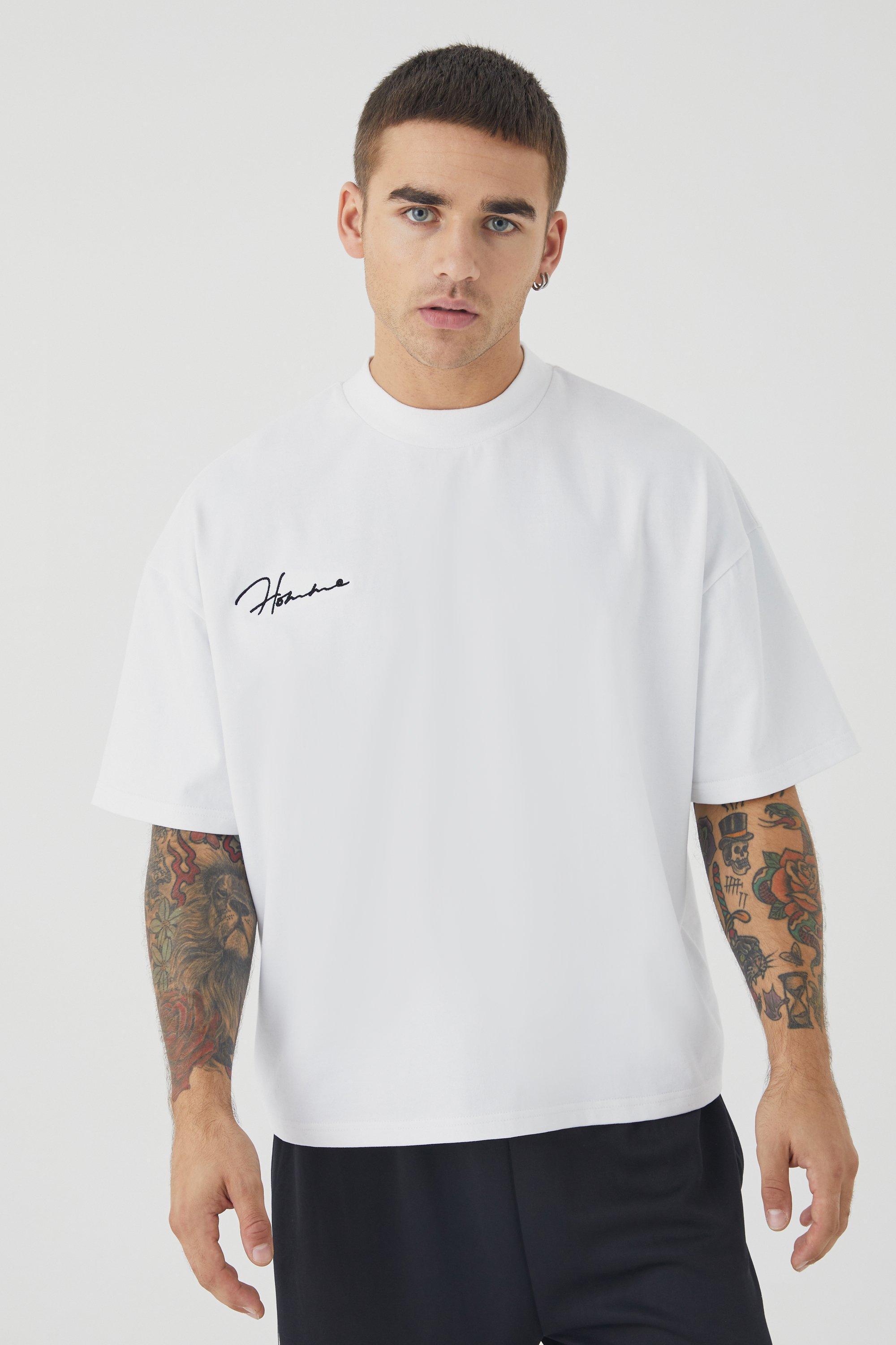 Mens White Oversized Boxy Heavyweight Peached Embroidered T-shirt, White product image