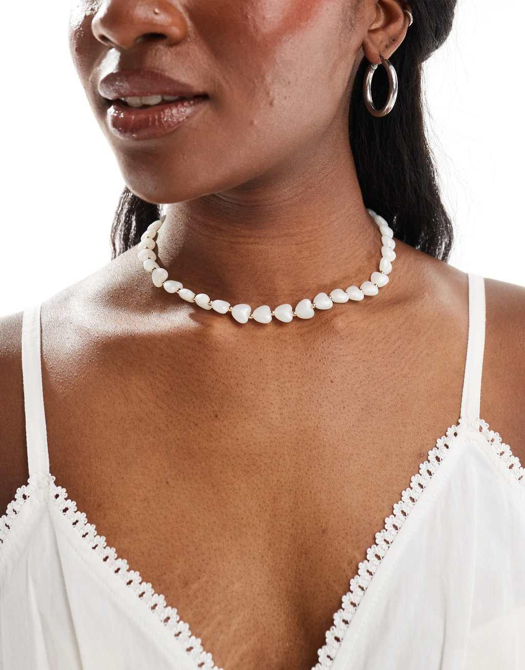 ASOS DESIGN short necklace with faux pearl heart design Product Image