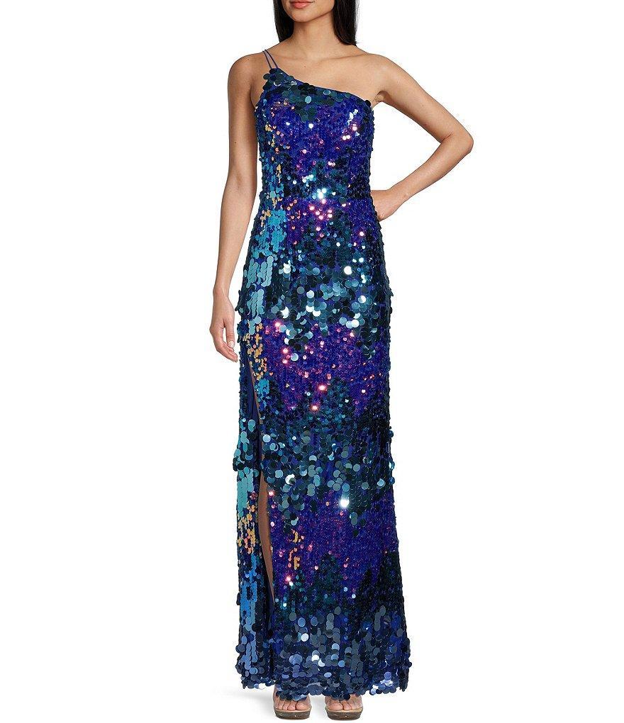 Xtraordinary One Shoulder Multi-Colored Paillette Sequin Side Slit Long Dress Product Image