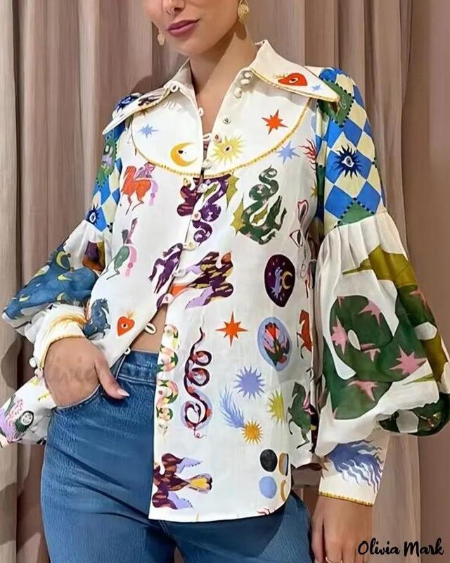 Olivia Mark – Premium Graphic Cartoon Print Lantern Sleeve Buttoned Blouse Product Image