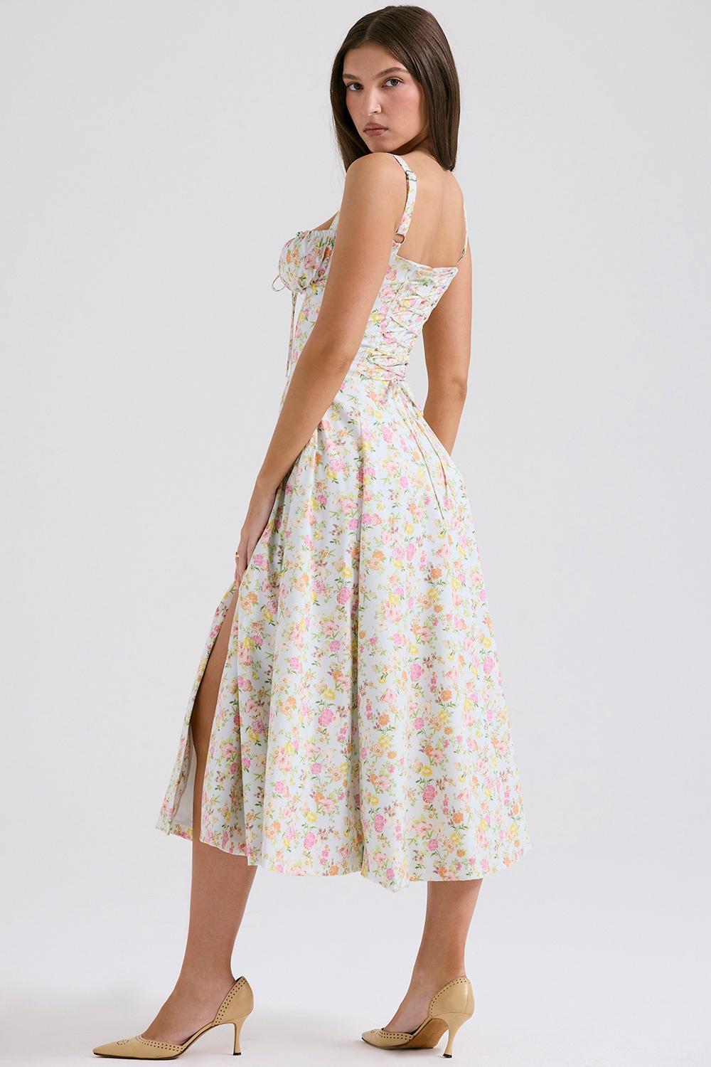 Carmen Pale Blue Meadow Print Cotton Bustier Sundress Product Image