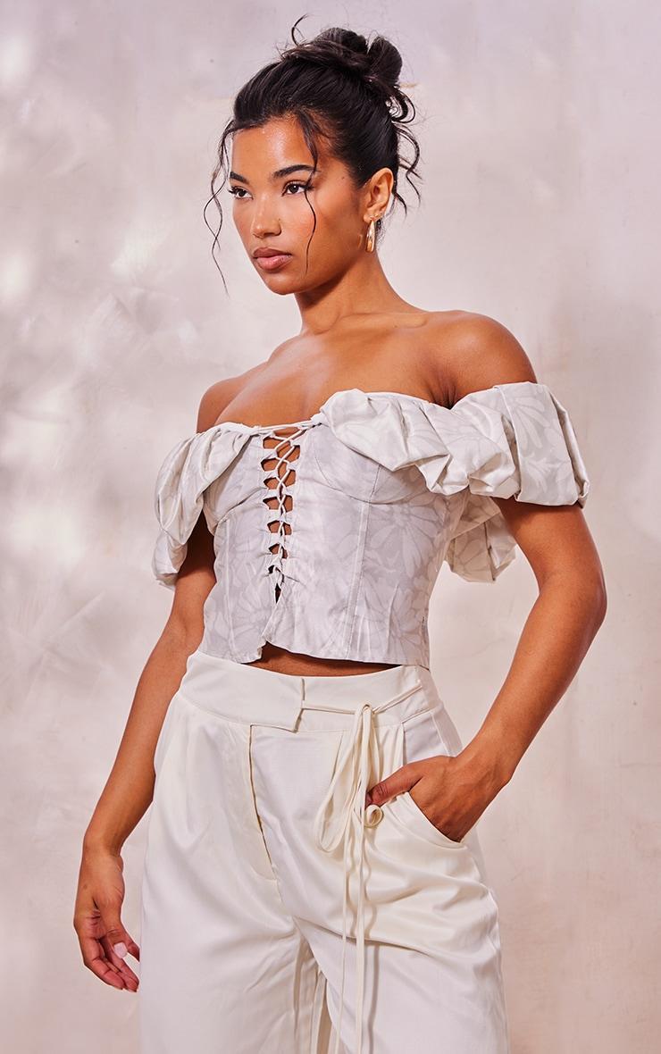 Cream Floral Structured Satin Extreme Ruched Lace Up Boned Corset Product Image