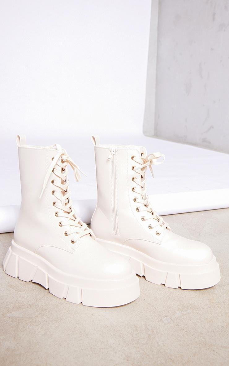 Cream Cleated Angled Chunky Sole Lace Up Ankle Boots Product Image