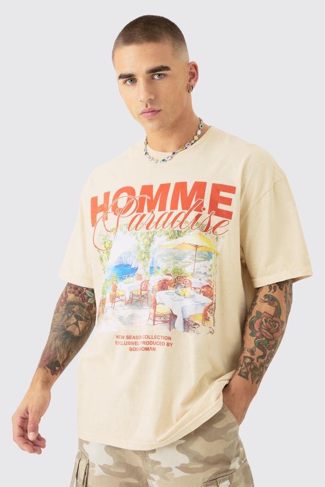 Mens Cream Oversized Wash Homme Paradise Print T-shirt, Cream Product Image