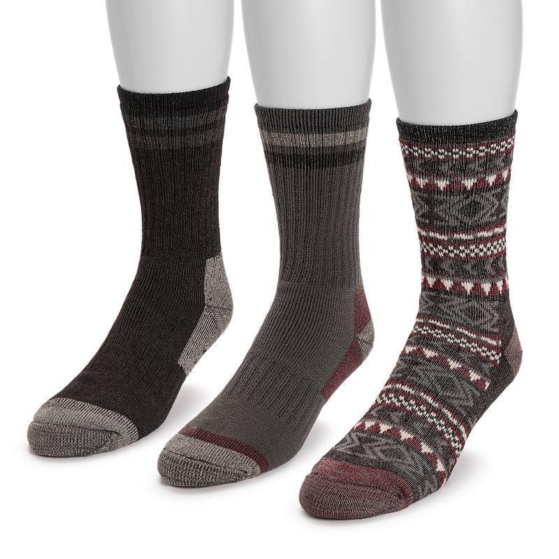 Mens MUK LUKS 3-Pack Crew Hike Heat Retaining Socks, Ebony Grey Product Image