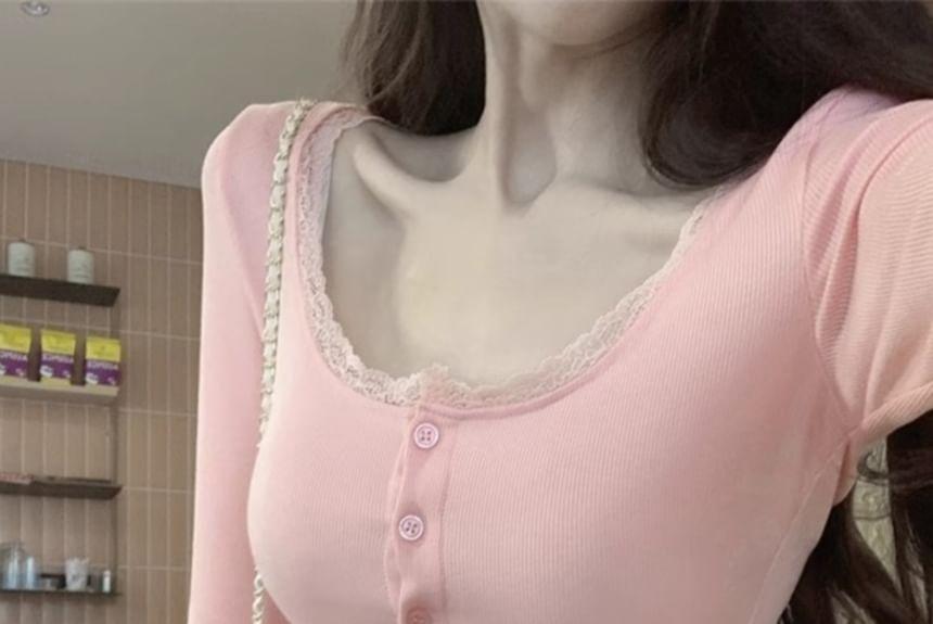 Long-Sleeve Square Neck Plain Lace Trim Button Slim Fit Top Product Image