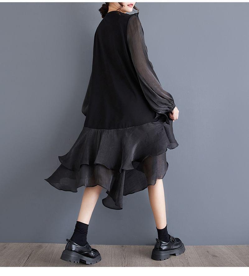 Long-Sleeve Round Neck Asymmetrical Ruffle Trim A-Line Dress Product Image