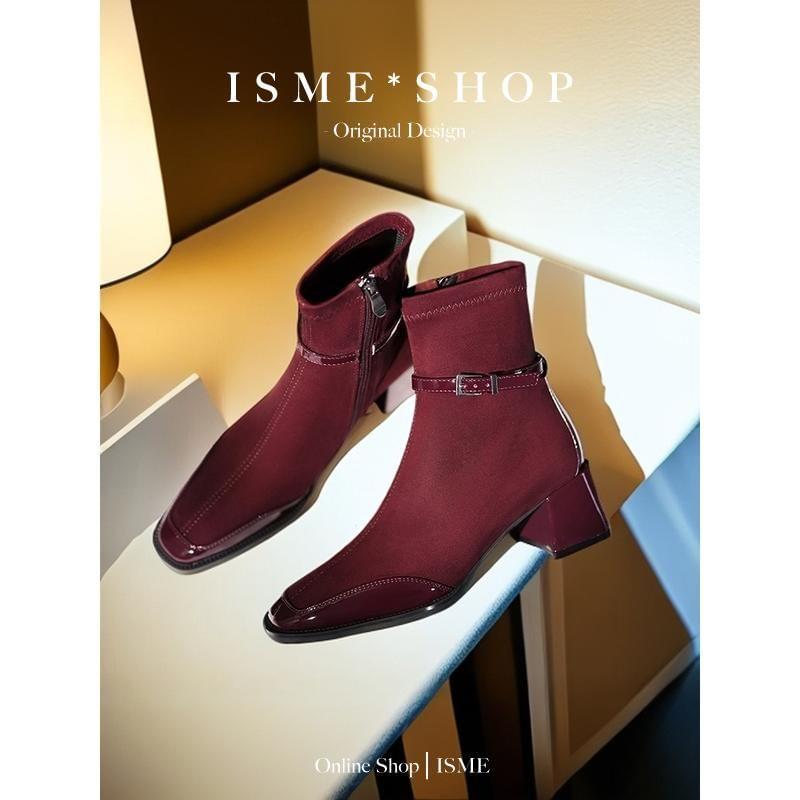 Chunky Heel Plain Buckled Zip-Up Short Boots product image