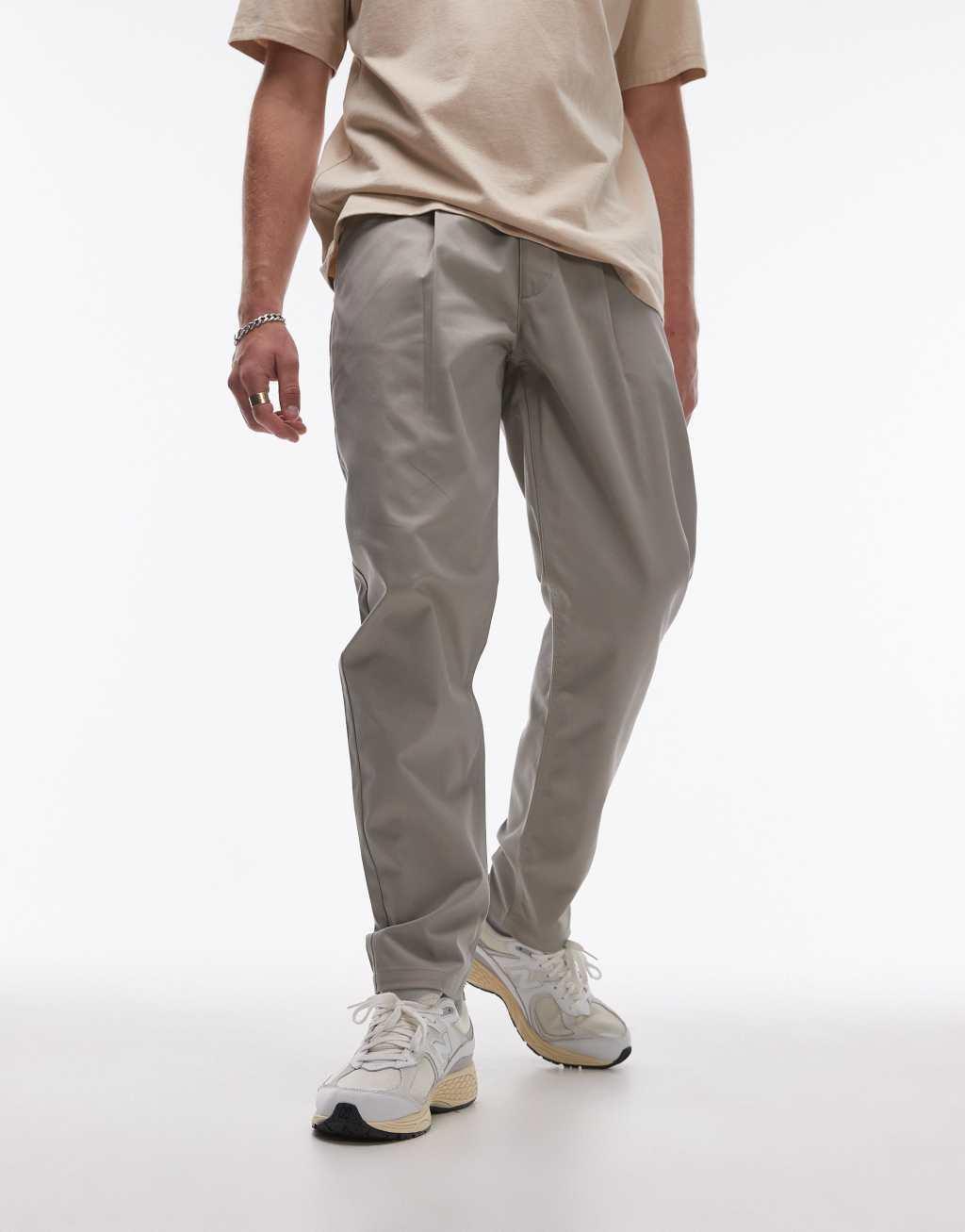 Topman twin pleated tapered pants in stone Product Image