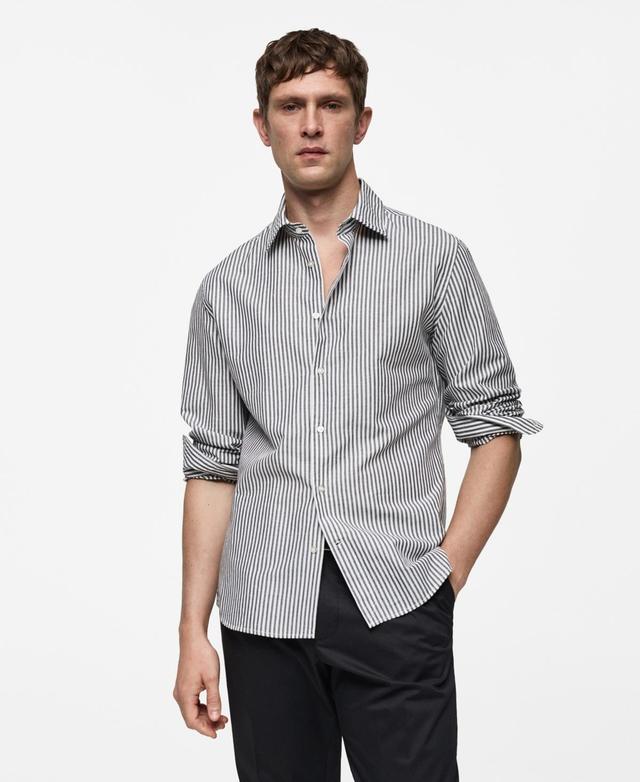 MANGO MAN - Regular-fit striped cotton-linen shirt charcoalMen Product Image