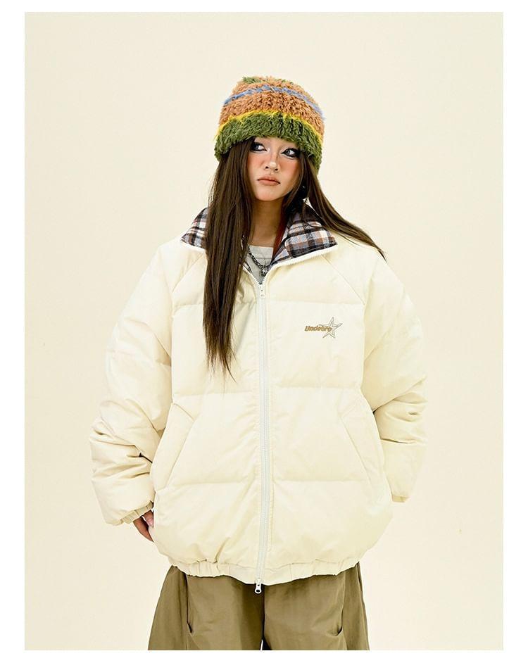 Hooded Plaid Panel Lettering Zip Puffer Jacket Product Image