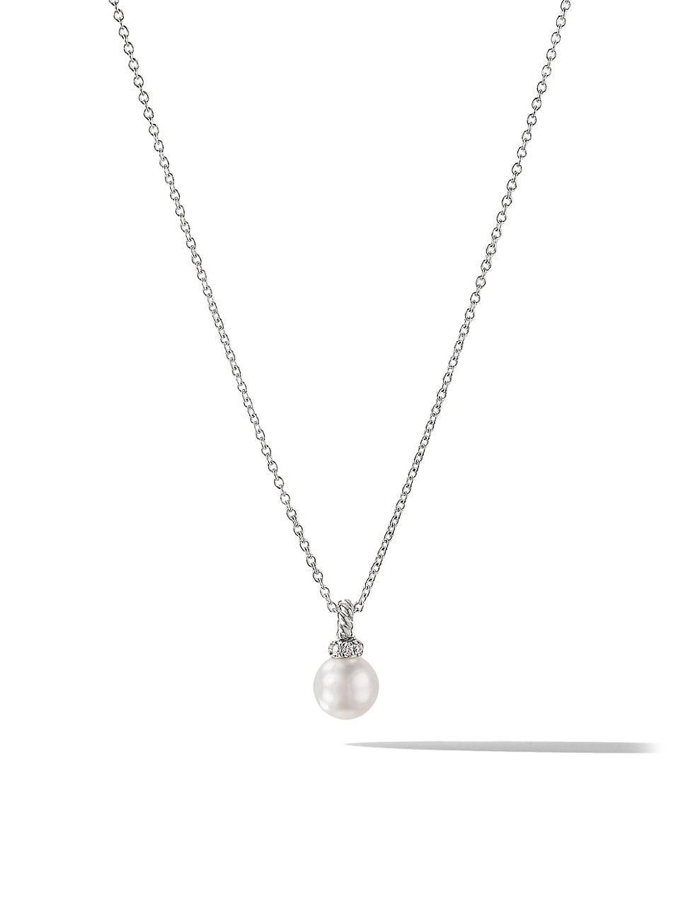 Womens Petite Solari Pendant Necklace in 18K White Gold with Pearl and Pav Diamonds Product Image