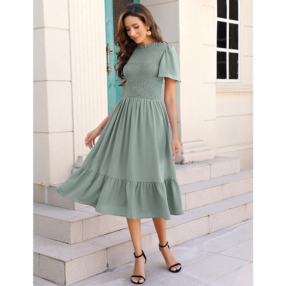 WhizMax Women's 2024 Summer Casual Short Sleeve Smocked Ruffle Midi Dress Crewneck High Waist Flowy Dress Green XL Product Image