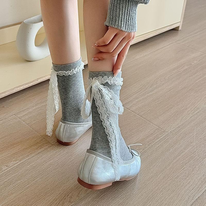 Plain Lace Trim Bow Crew Socks Product Image