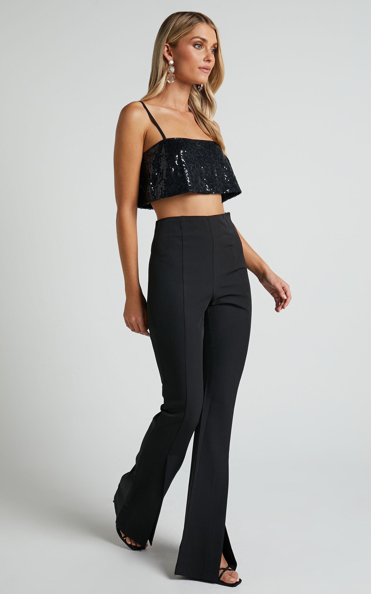 Volta Pants - Front High Waisted Split Boot Leg Kick Out Pants in Black Product Image