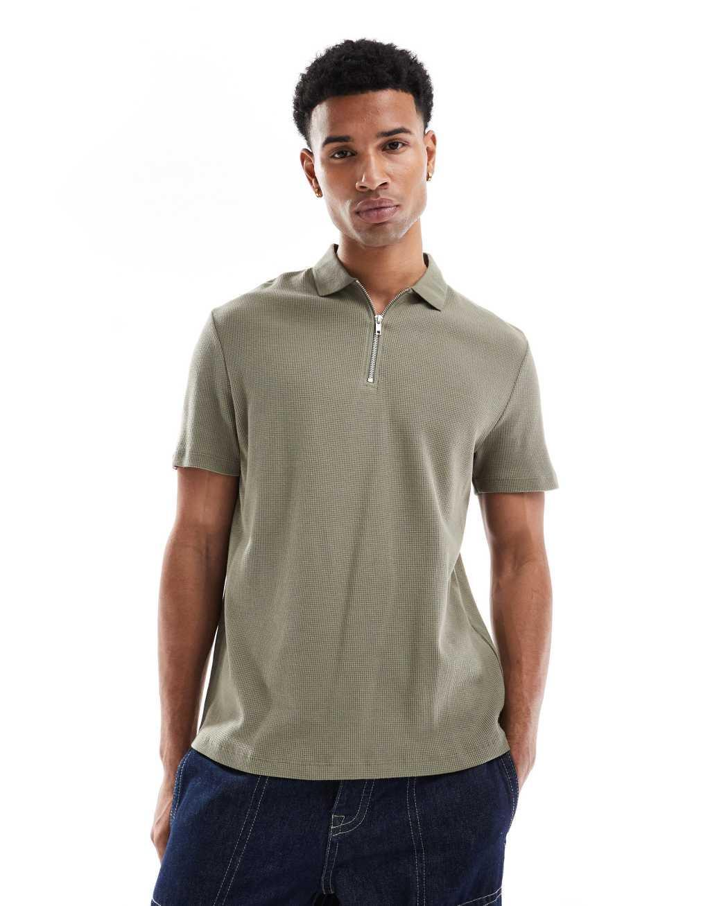 ASOS DESIGN waffle polo with zip in khaki Product Image