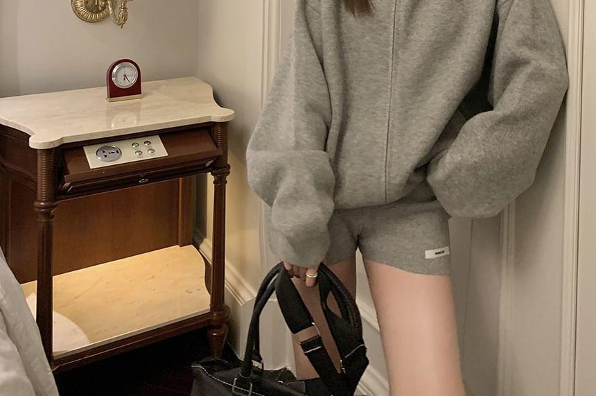 Plain Zip-Up Knit Hoodie / High Waist Hot Pants Product Image