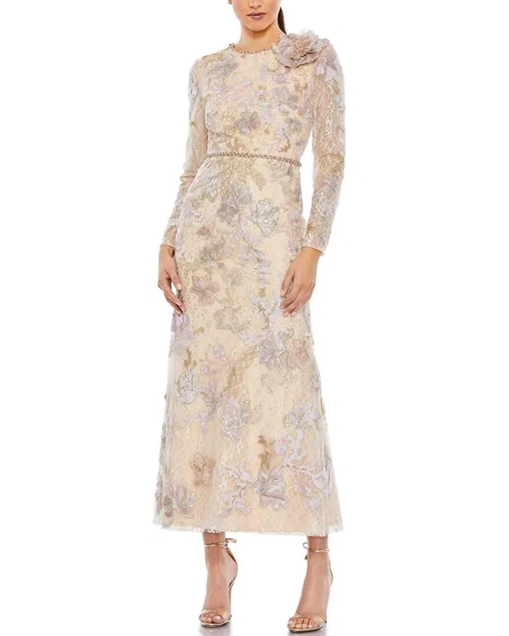 Embellished High Neck Long Sleeve Dress In Nude Product Image