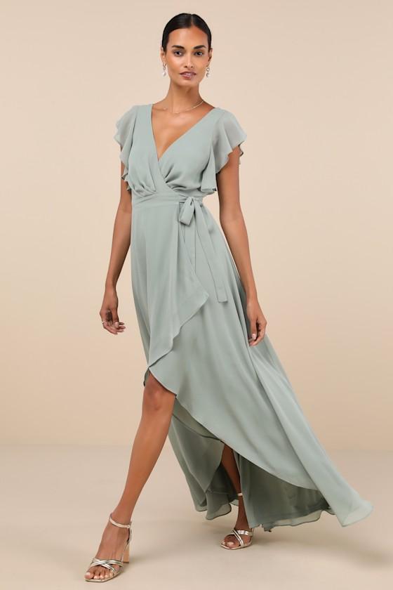 Ravishing Charm Sage Brush Ruffled Wrap High-Low Maxi Dress Product Image