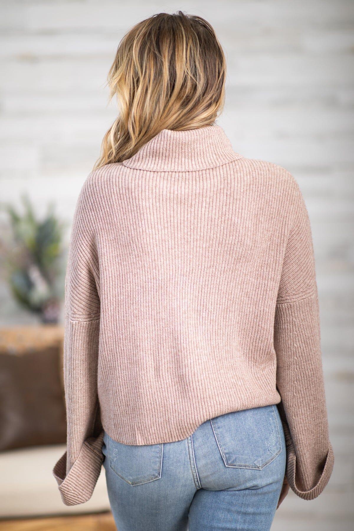 Mocha Ribbed Bell Sleeve Turtleneck Sweater Product Image