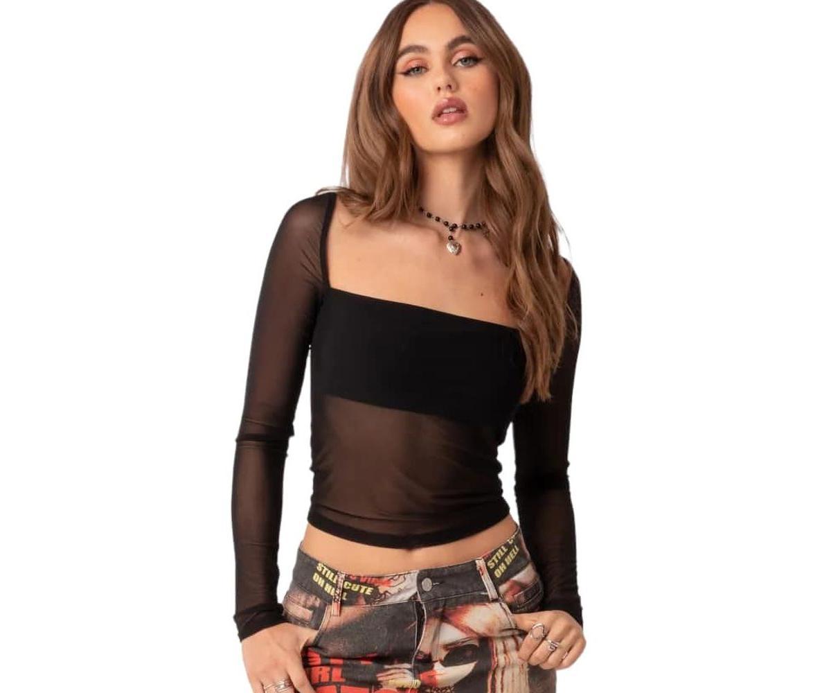 EDIKTED Marta Long Sleeve Mesh Crop Top Product Image