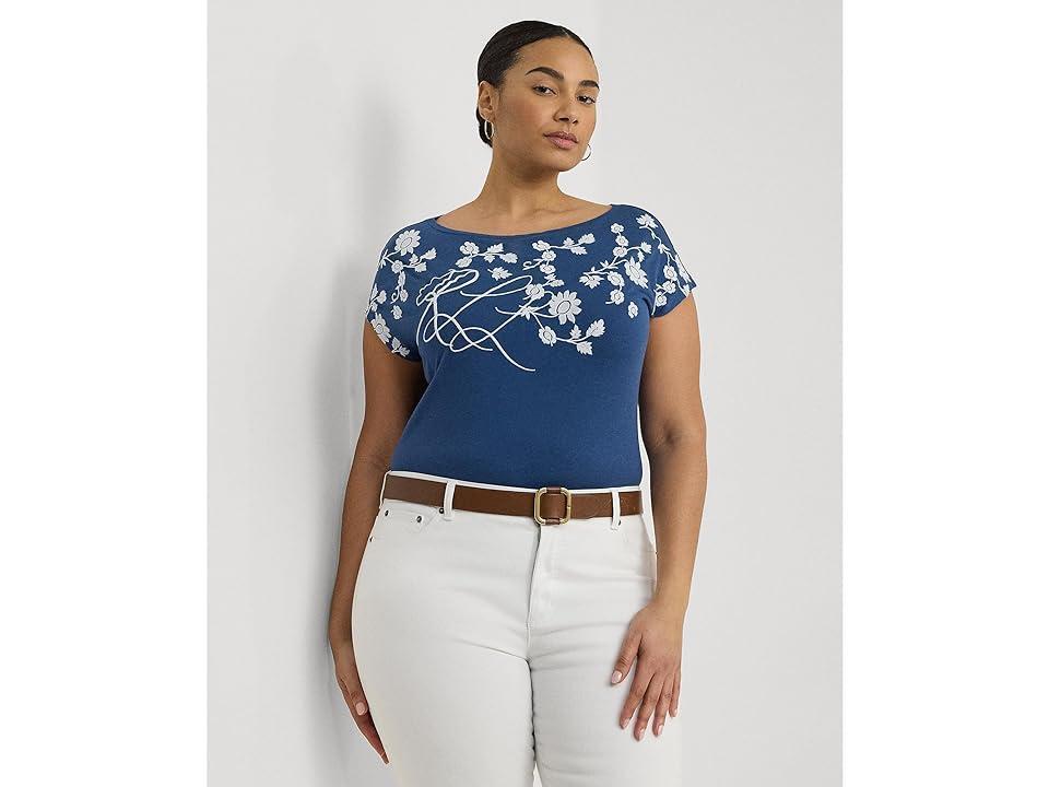 LAUREN Ralph Lauren Plus-Size Floral-Embroidered Jersey Tee (Indigo Dusk/White) Women's Clothing Product Image