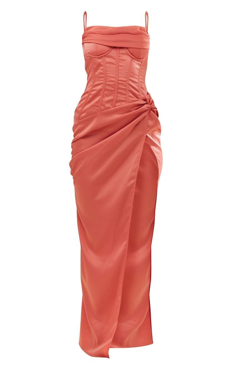 Coral Draped Corset Ruffle Gathered Dress Product Image