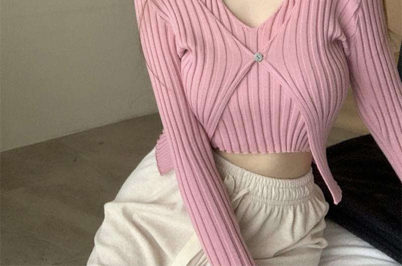 Mock Two-Piece Ribbed-Knit Crop Top in 5 Colors Product Image