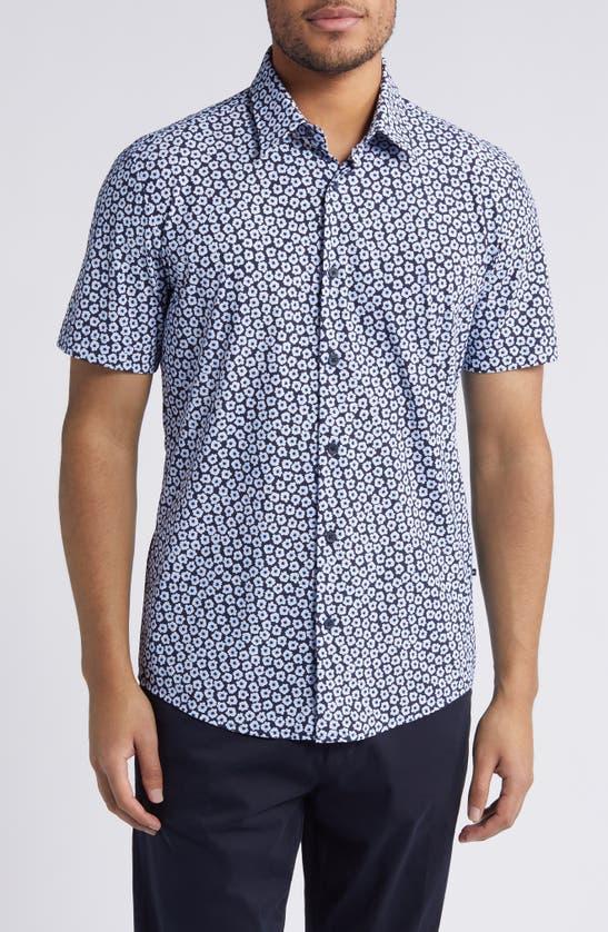 HUGO BOSS Liam Leaf Print Short Sleeve Stretch Linen Button-up Shirt In Navy Product Image