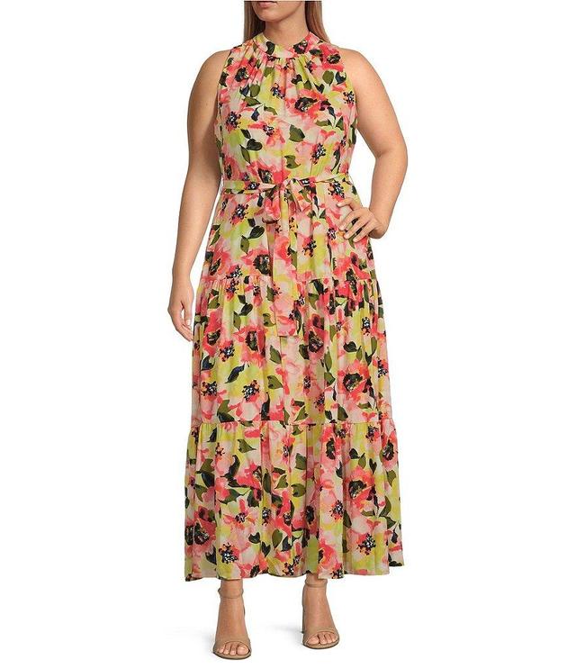 Anne Klein Plus Size Floral Halter Mock Neck Sleeveless Tiered Maxi Dress Product Image