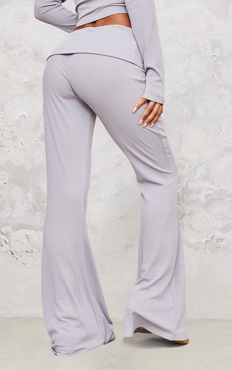 Light Grey Rib Foldover Low Rise Flared Trousers Product Image