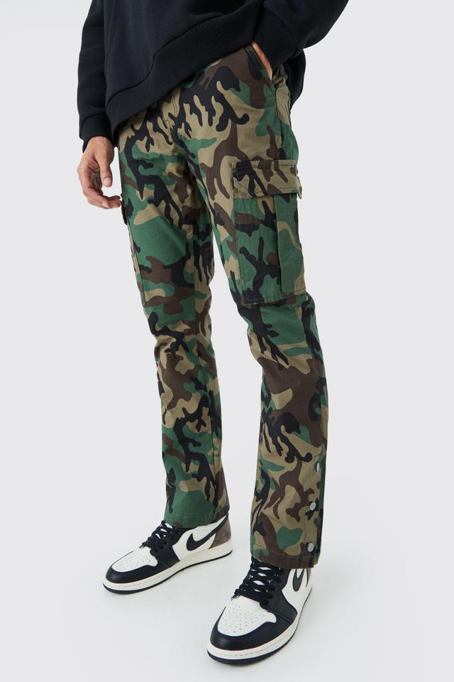 Mens Green Slim Flare Ripstop Camo Cargo Trouser With Popper Hem, Green Product Image