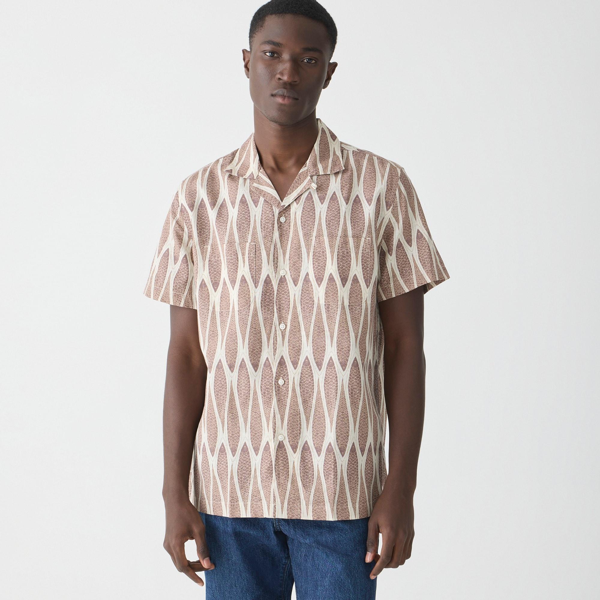 Short-sleeve slub cotton-linen blend camp-collar shirt in print Product Image