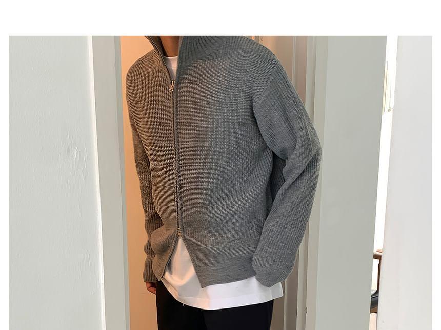 Turtleneck Melange Ribbed Zip Cardigan Product Image