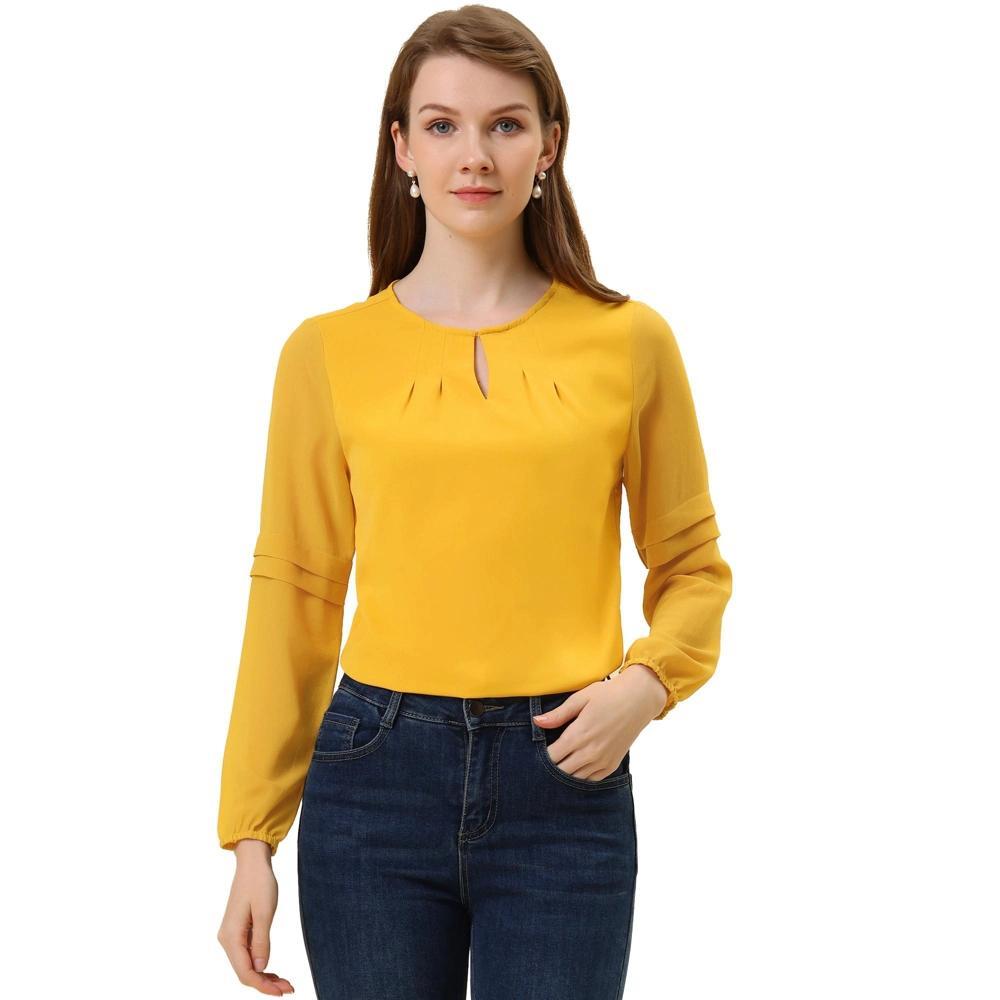 Allegra K Women's Chiffon Semi Sheer Keyhole Neck Elegant Work Blouse Yellow Medium Product Image