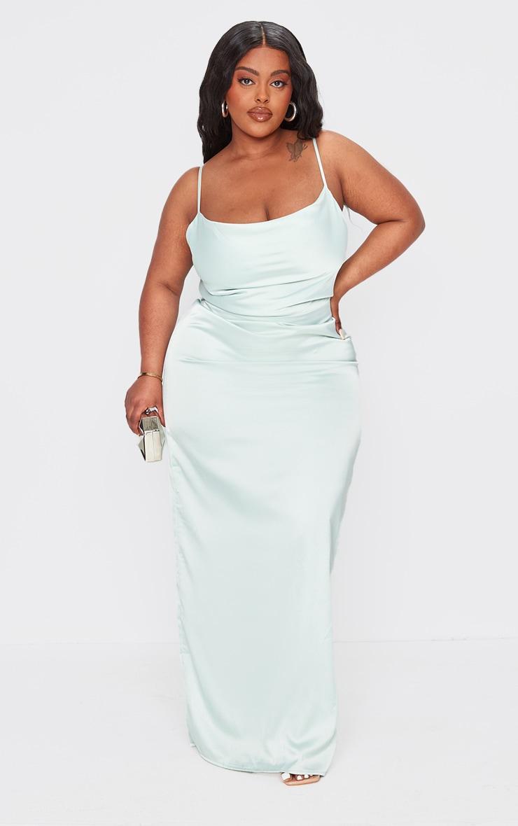 Plus Sage Green Satin Cowl Neck Midi Dress Product Image