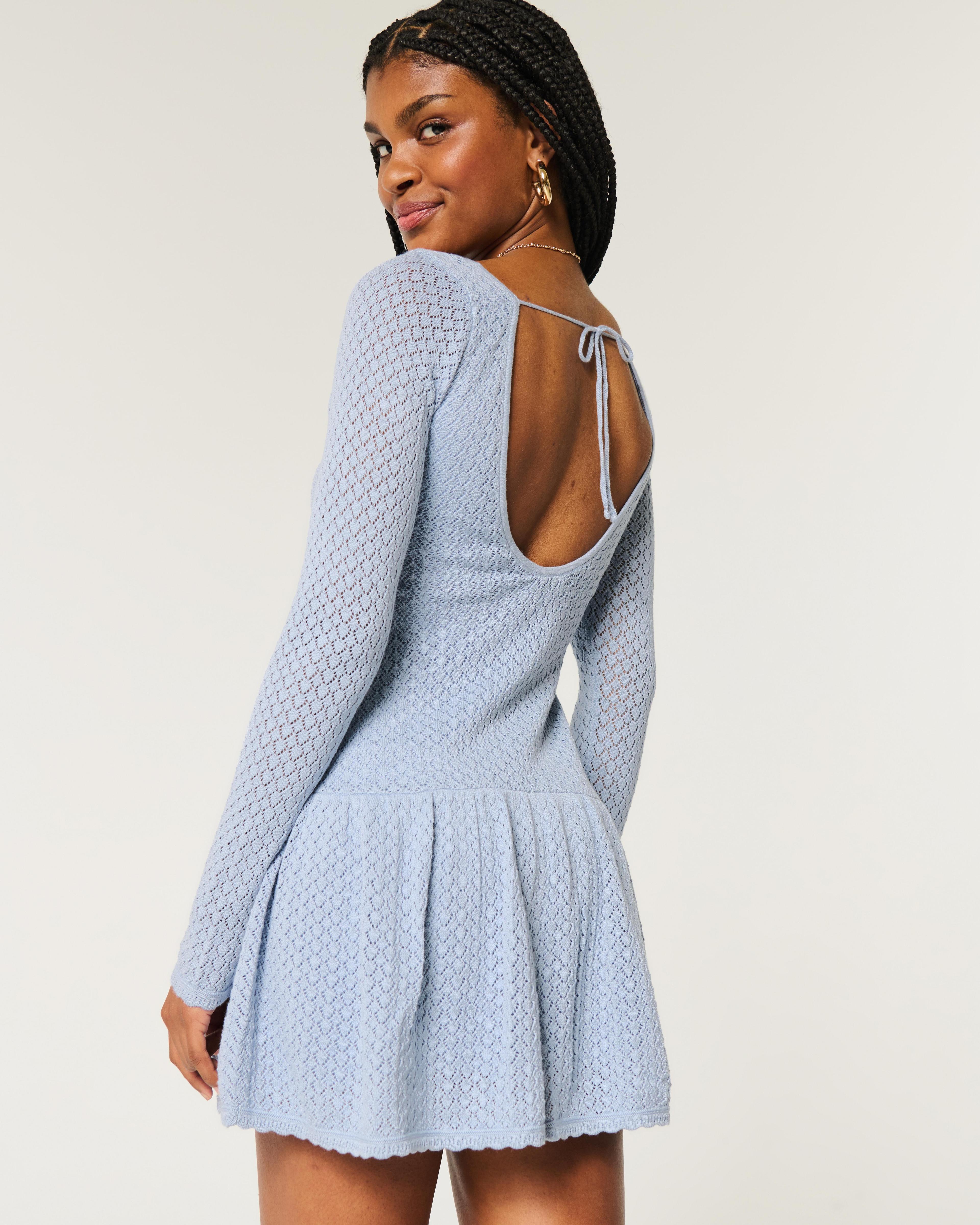 Long-Sleeve Crochet-Style Mini Skater Dress Product Image