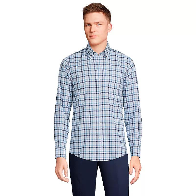 Mens Lands End Tailored Fit No Iron Twill Long Sleeve Shirt Red Navy Plaid Product Image