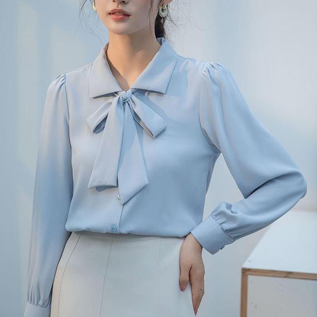 Long-Sleeve Ribbon Neck Plain Shirt Product Image