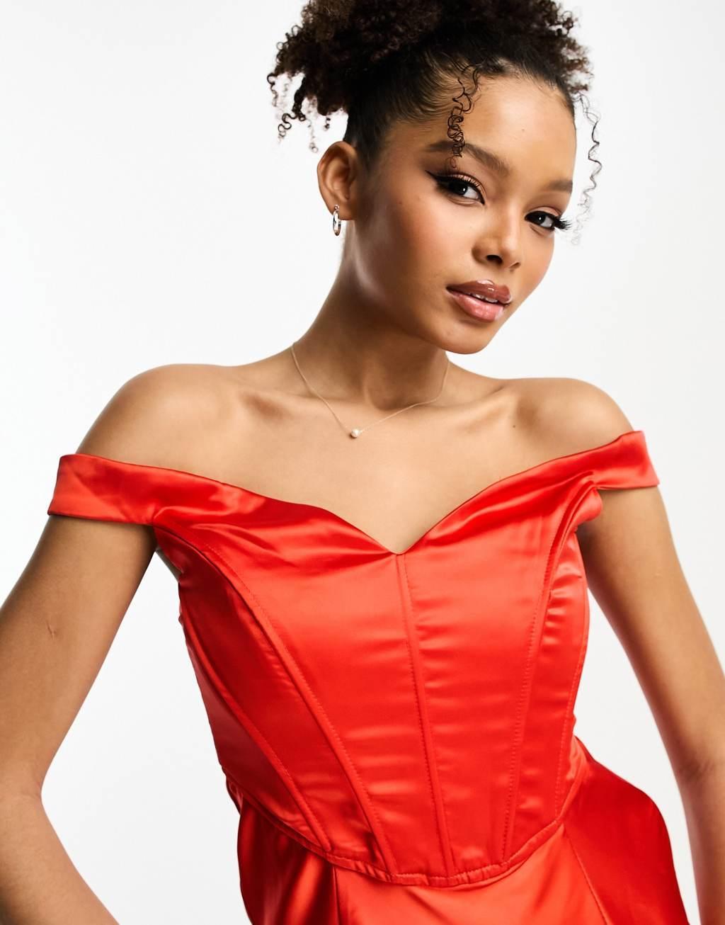 Rare London satin bardot corset detail midi dress in red Product Image