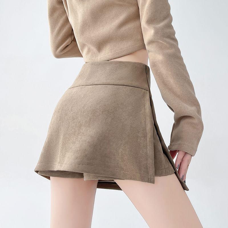 High Waist Plain Slit Faux Suede Mini Pencil Skort Product Image