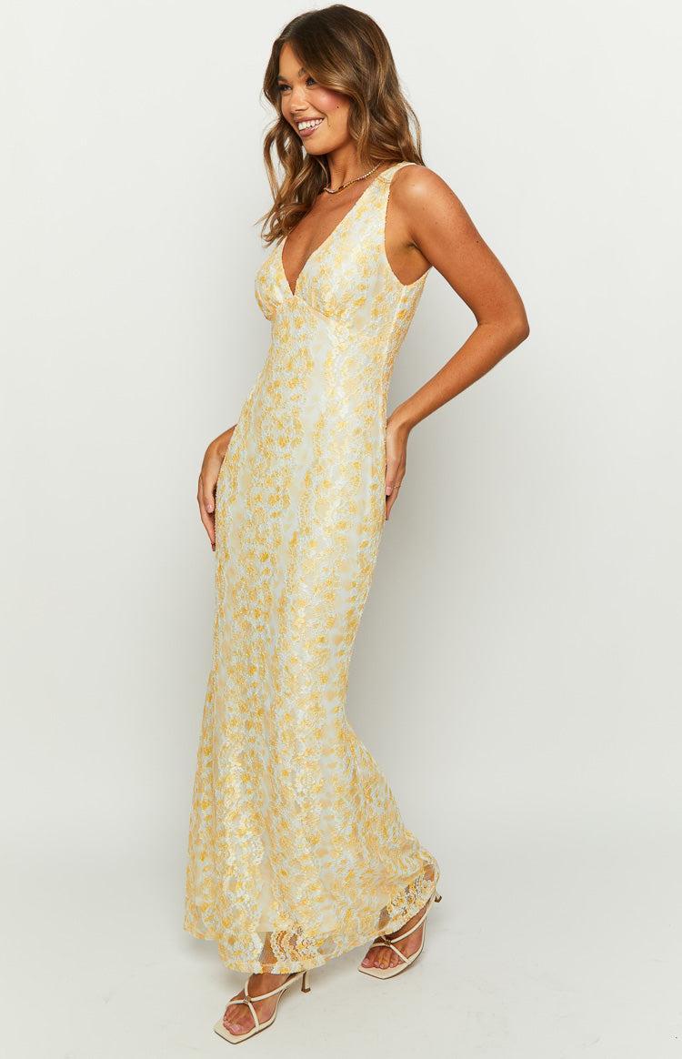 Farida Yellow Lace Maxi Dress Product Image