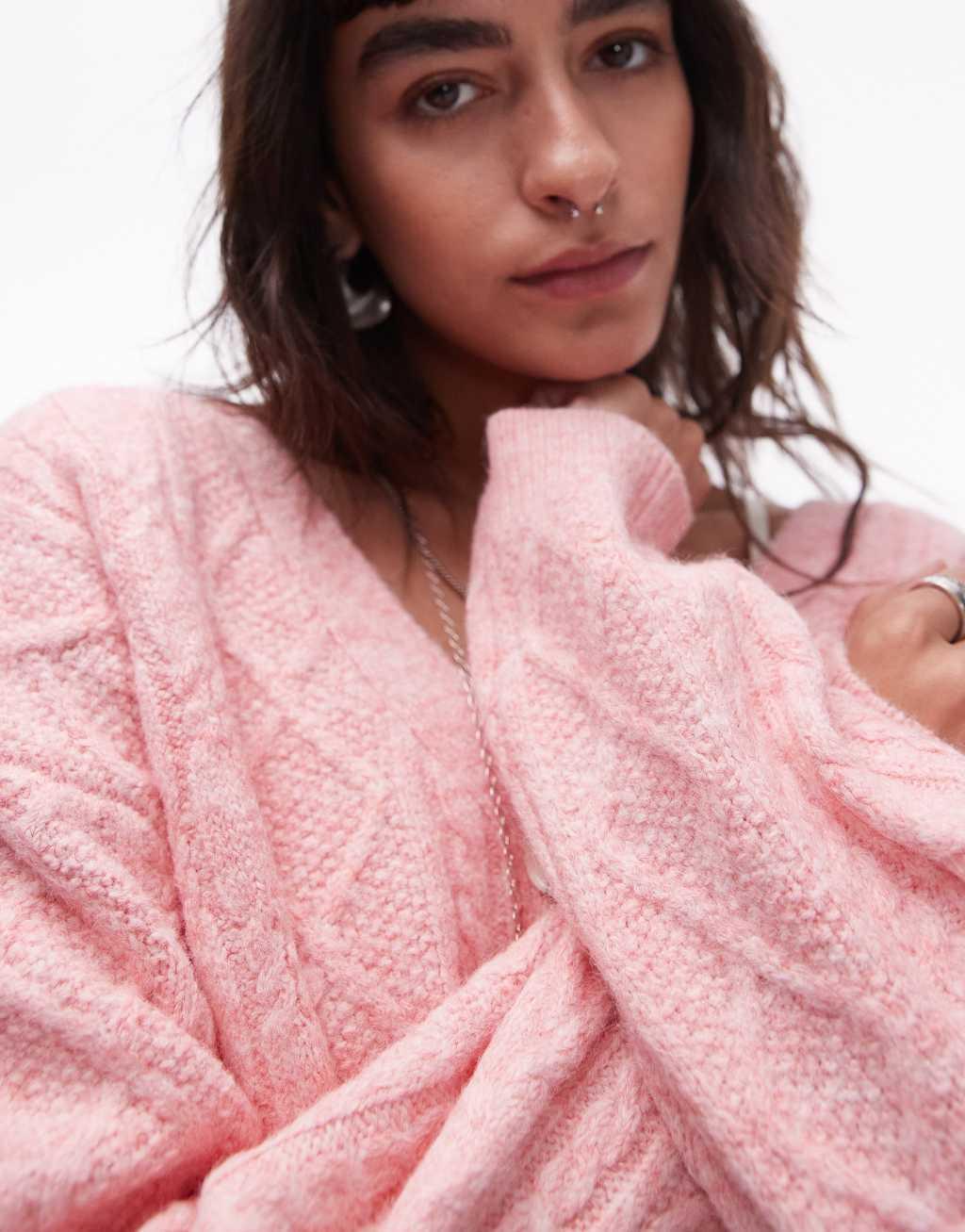 NA Topshop cable knit cardigan in rose Product Image