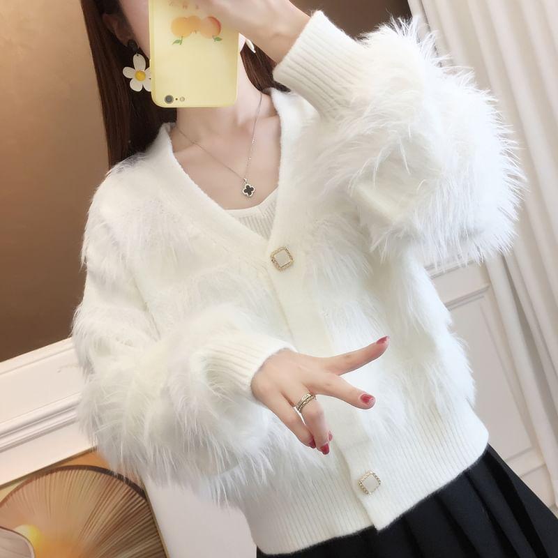 V-Neck Plain Fluffy Button-Up Crop Cardigan Product Image