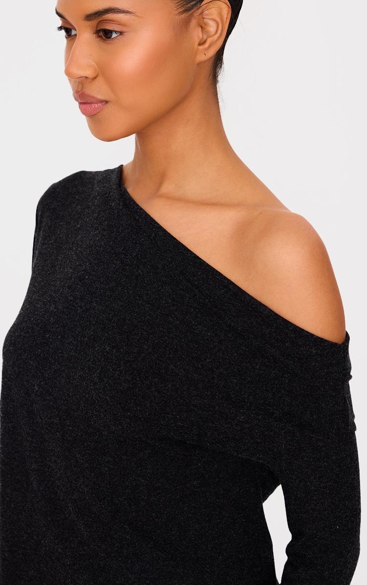 Black Slouchy Asymmetric Shoulder Long Sleeve Top Product Image