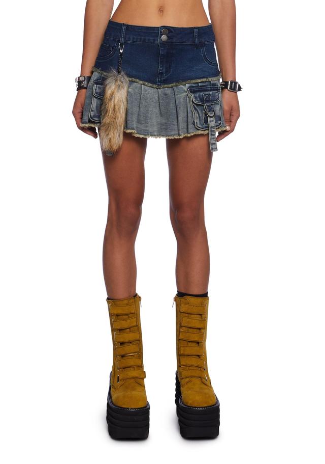 Current Mood Mixed Denim Pleated Mini Skirt With Fox Tail Keychain - Blue Product Image